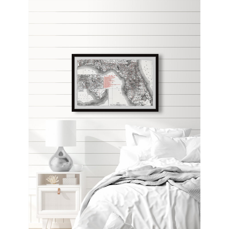 Antique Map of Florida - Reproduction d'art graphique sur papier encadré, H 30 po x l 45 po x 1,5 po