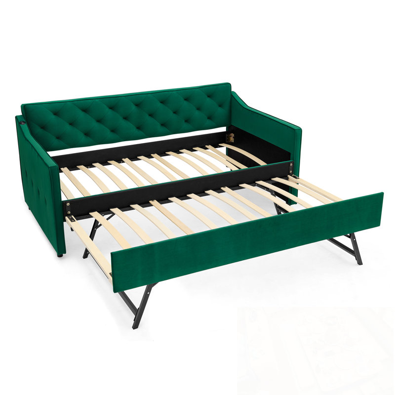 Lit simple tapissier Caja avec lit gigogne escamotable simple et charge USB, Vert
