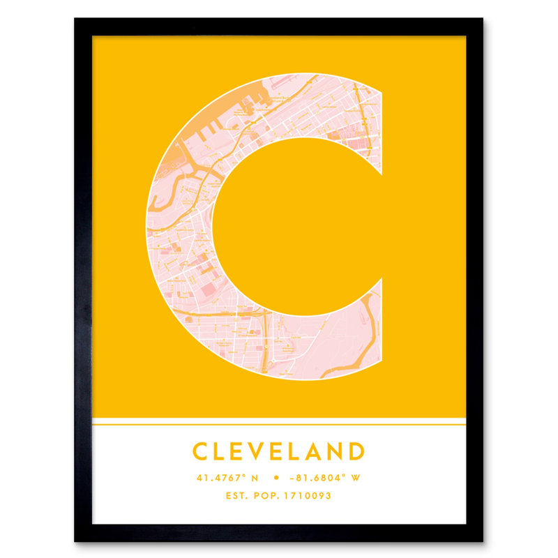 Cleveland Ohio United States City Map Yellow 1 Piece Single Picture Frame Wall Art