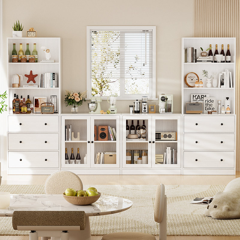 71'' Kitchen Pantry With Bookcases, Farmhouse Wall Unit Tv Stand For Tvs Up To 75", White