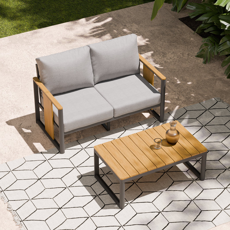 Ensemble de mobilier d'extérieur moderne 2 pièces avec coussins de siège profond et table basse d'appoint en grain de bois clair