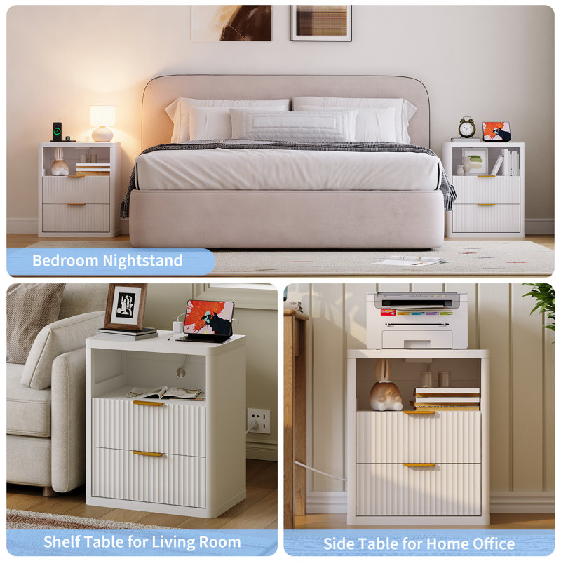 1 Pack/ 2 Pack Fluted Wood Nightstand with Charging Station, 1/2/3 Drawers, USB & Type-C Ports, Elegant Modern Vintage Side Table