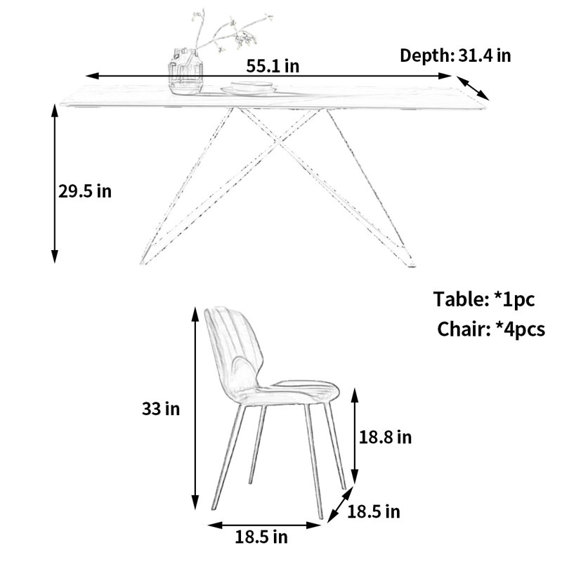 Table et chaise de salle à manger pour famille exquise, H 29,5 po x L 55,1 po x l 31,4 po