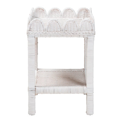 bali & pari Sumana Natural Rattan Side Table - Handwoven Wicker 2-Tier Accent End Table with Scalloped Tray Top for Living Room, White