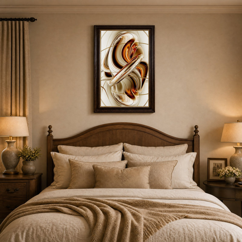 Tableau abstrait sur toile avec anneaux métalliques or et bronze tourbillonnants, 18"H x 12"W