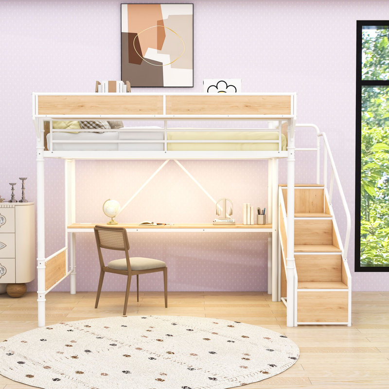 Lit mezzanine avec bureau intégré, escalier de rangement, garde-robe, éclairage DEL et prise de courant, Queen, White