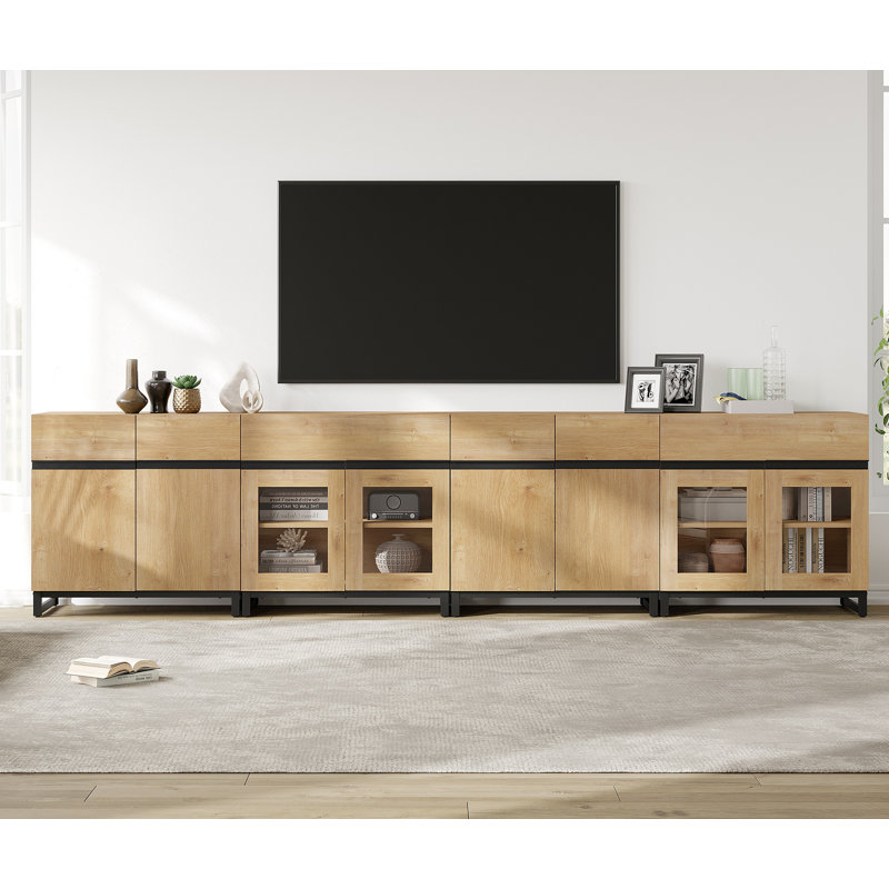 Meuble télé moderne pour téléviseur de 120 po ou moins, console de télévision 4 en 1 avec portes en verre et 2 tiroirs, console multimédia avec tablette réglable pour le salon