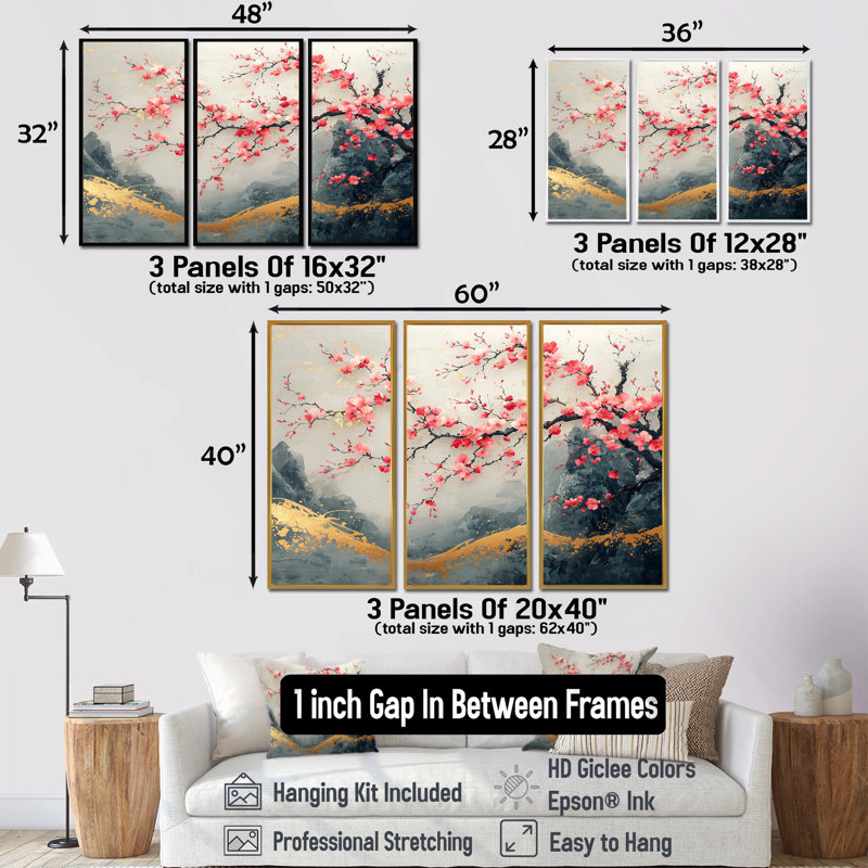 Paysage de cerisier rose du Japon, paysage II, Toile avec cadre flottant brun, H 32 po x l 48 po x P 1 po