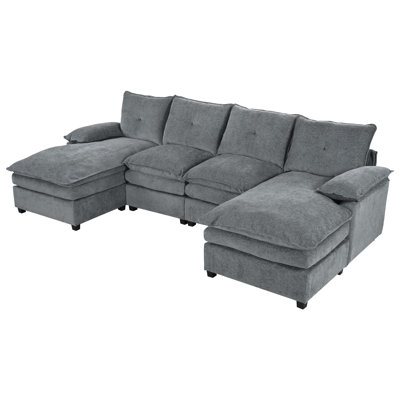 Caldenridge 6-Piece Contemporary U-Shaped Chenille Sectional Sofa with Button-Tufted Backrest and Double-Layered Cushions.