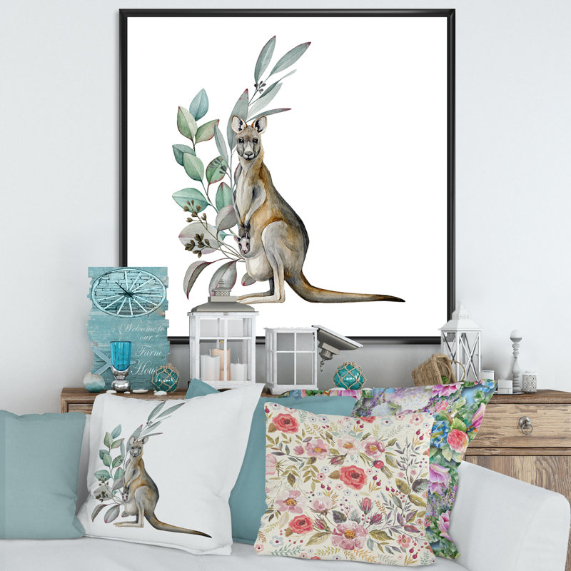 Kangourou avec feuilles d'eucalyptus - Peinture sur toile, H 30 po x l 30 po x P 1 po, Cadre flottant noir