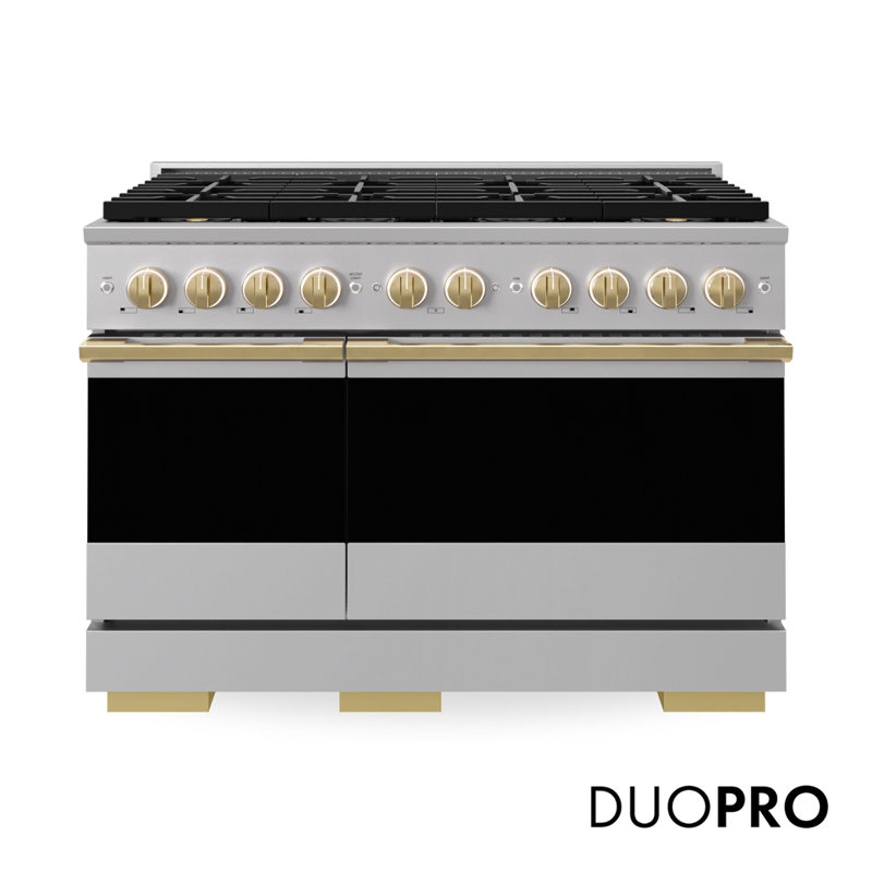 ZLINE Autograph 48 in. Marino Dual Fuel Range with 8 Burner DuoPro Cooktop and Black Accents, Stainless Steel, Polished Gold