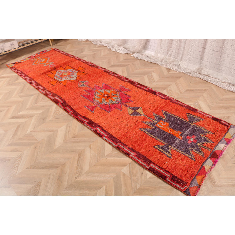 Tapis de couloir anatolien turc tissé à la main en orange vif parfait pour une décoration intérieure élégante