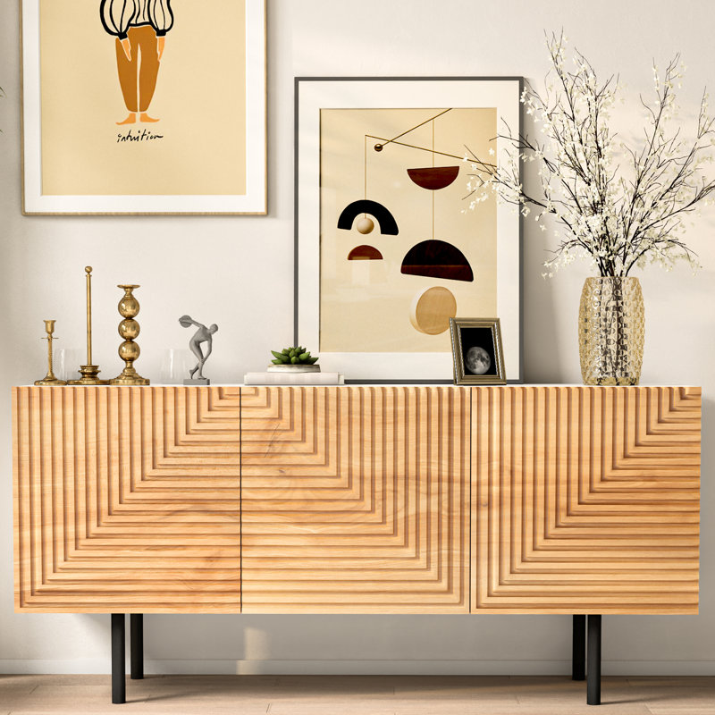 57" Black and Natural Wood Mid Century Modern TV Stand with Cabinet