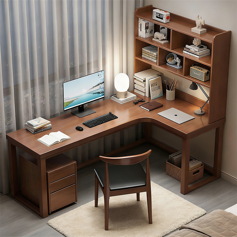 Bureau d'angle en L en bois massif avec bibliothèque intégrée, H 74,8 po x l 70,87 po x P 55,12 po, Right Hand Return