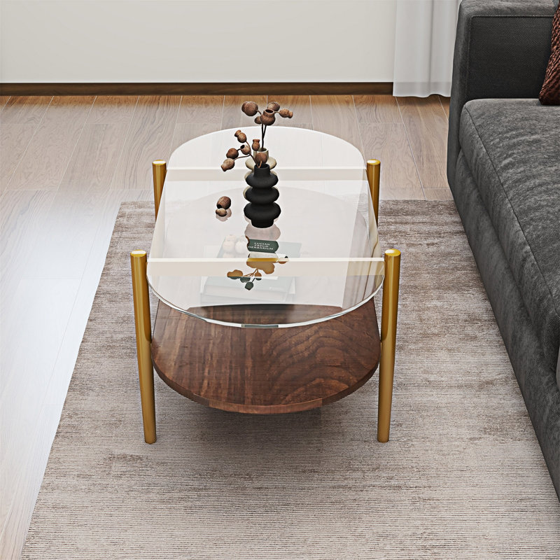 Table basse en verre avec tablette, Doré