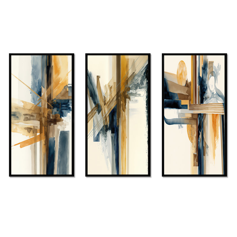 Aquarelle moderne abstraite - ensemble d'art moderne de 3 pièces, Noir, H 40 po x l 60 po