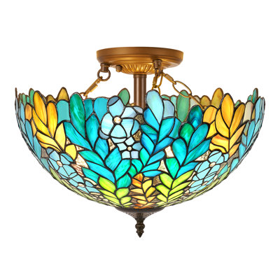 Tiffany-Style 16 Inch Semi-Flush Mount Ceiling Light, Colorful Stained Glass Shade pendant with 2 E26 Sockets, Upward Ambient Lighting for Bedroom Living Room