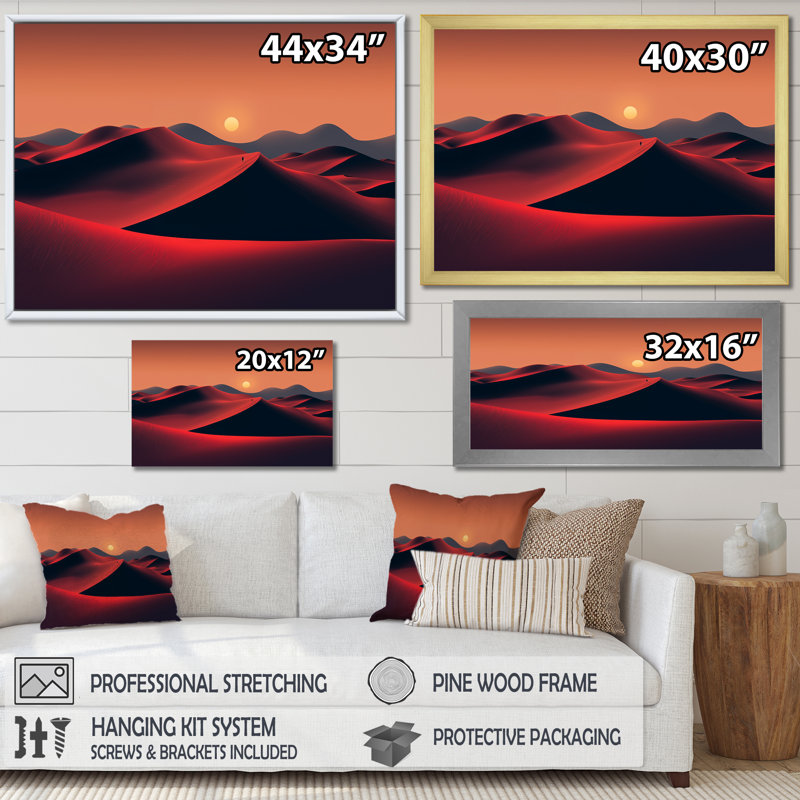 Orange, désert du Sahara, dunes de sable I - art mural désert, Cadre flottant doré, H 16 po x l 32 po x P 1 po