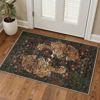 Teiarra Tiger Print Machine Washable Area Rug With Non-Slip Backing