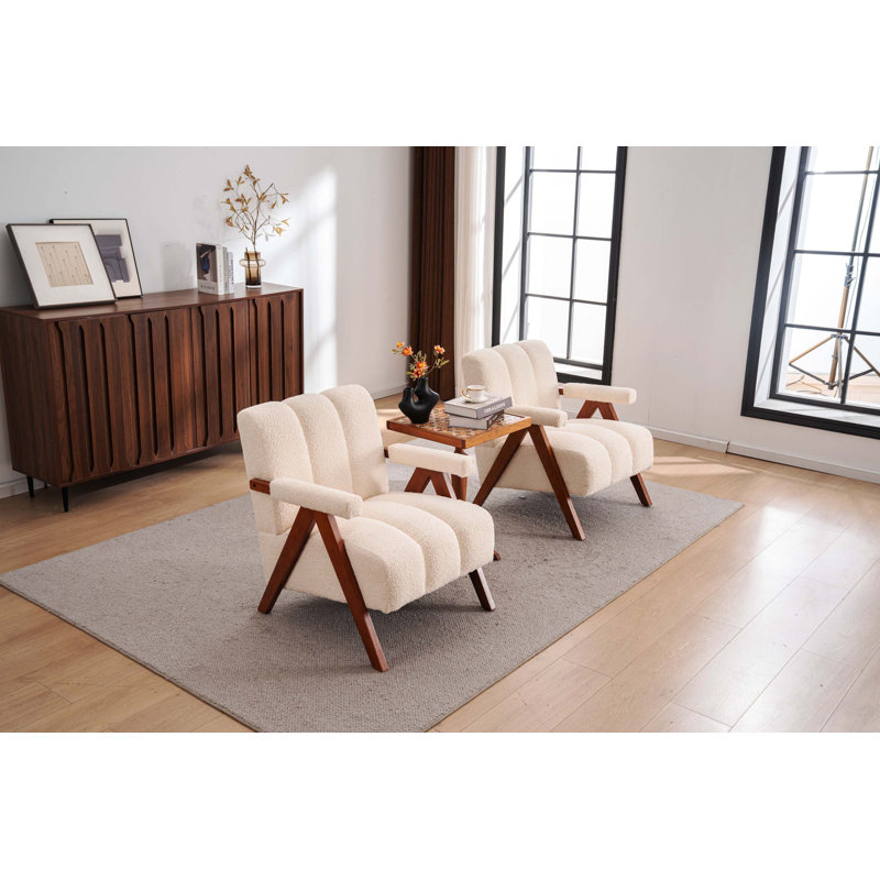 Ensemble de 2 chaises d'appoint en chenille de style Mid-Century moderne en forme de nuage, fauteuils de salon en bois massif pour le salon et la chambre à coucher