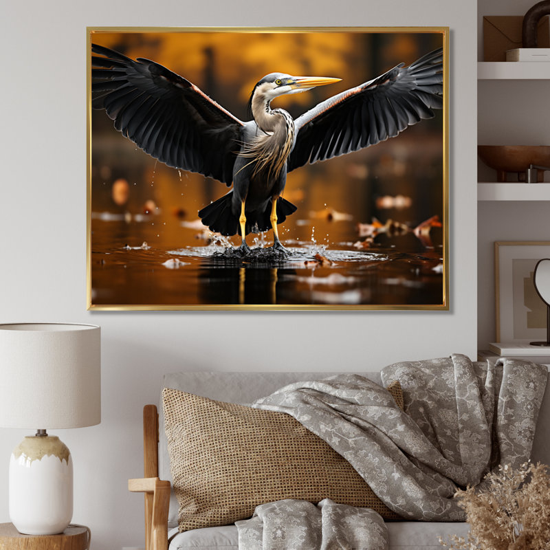 «Yellow Black Heron Elegance» dévoilé sur toile, H 30 po x l 40 po x P 1,5 po, Cadre flottant doré
