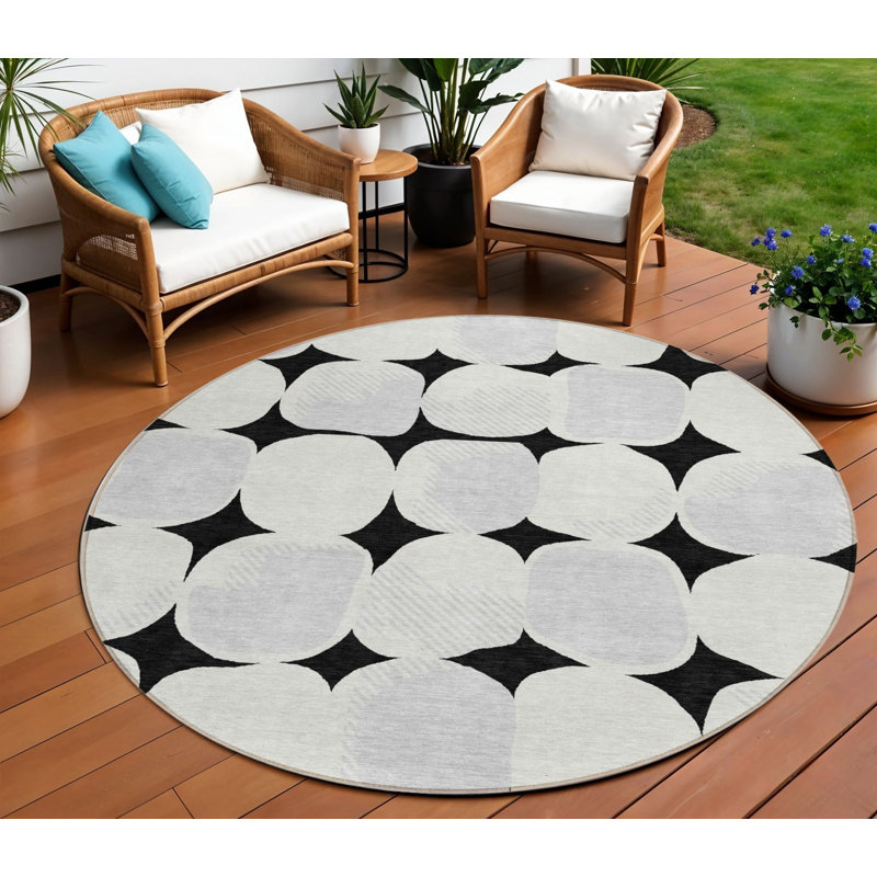Tapis extérieur rond lavable abstrait 8 pi noir et gris