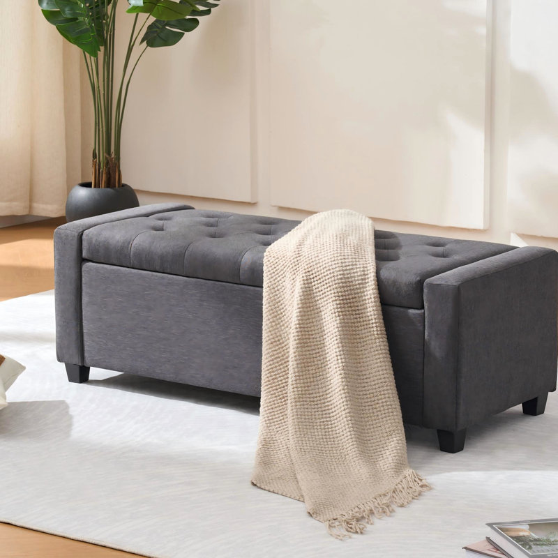 Banc de rangement pour chambre 48 po avec charnière, accoudoirs rembourrés en faux lin pour chambre à coucher, salon, vestibule, gris, design traditionnel américain, forme rectangulaire, siège mi-moelleux, rangement interne, carré