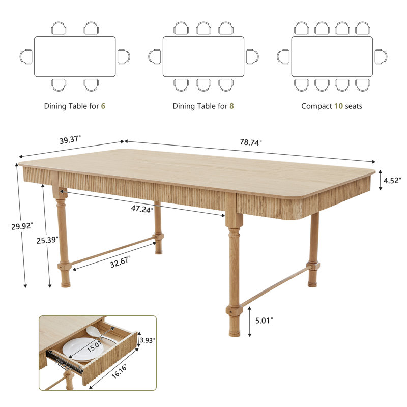 78.74'' Farmhouse Rectangular Dining Table With Drawer, Natural