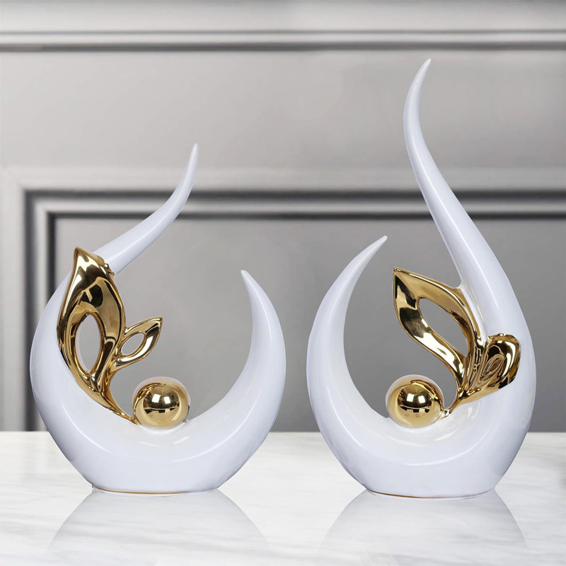 2 Pcs White Gold Ceramic Abstract Sculptures