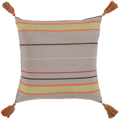 Stripe and Tassel Gray Cotton Throw Pillow