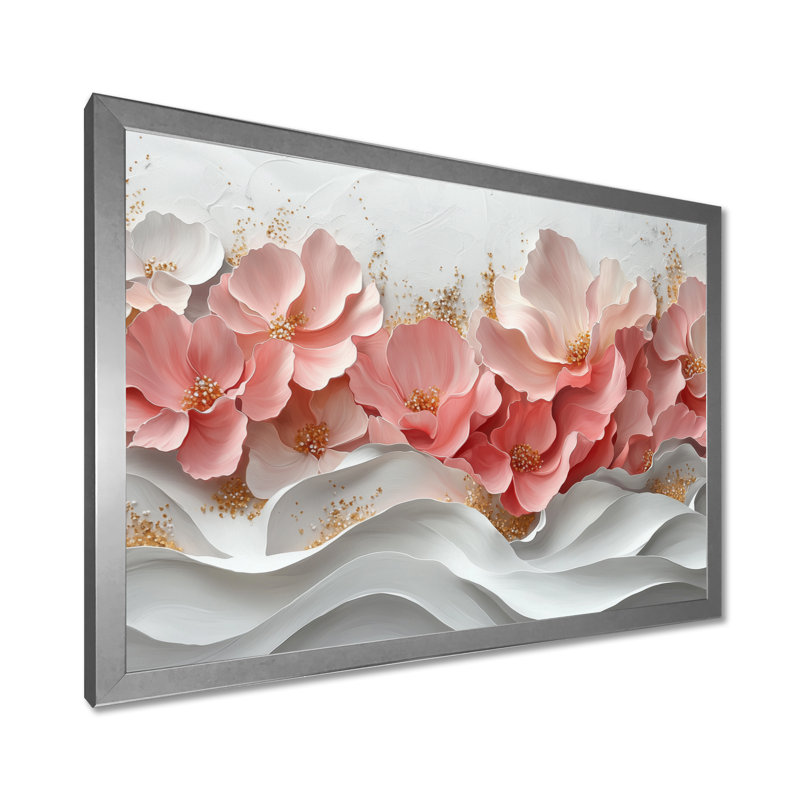 Art mural doré doré veines marbrées de pétales de fleurs I, H 30 po x l 40 po, Floater Framed, Argent argent