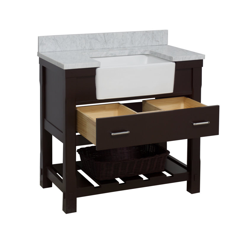 Ensemble de meuble-lavabo simple 36 po Hitton, Marbre de Carrare, Chocolat