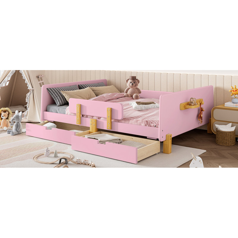 Lit plateforme double avec tiroirs de rangement, structure de lit en bois massif avec garde-corps, petite tablette et crochets, aucun sommier nécessaire, rose