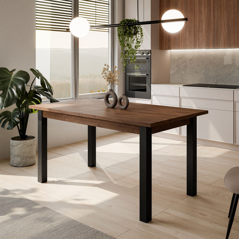Extendable Metal Base Dining Table, Stirling Oak, Black