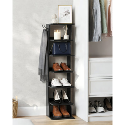 7 Tier Vertical Shoe Rack, Narrow Shoe Storage Organizer With Hooks, Slim Corner Tower Shelf For Entryway Bedroom, Black