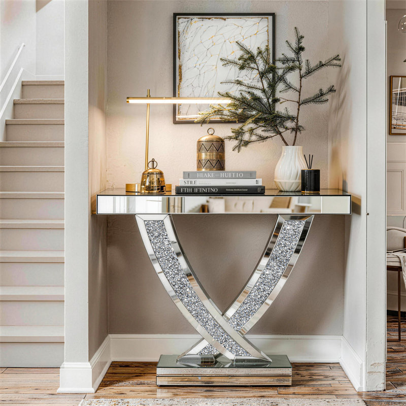 100cm Mirrored Console Table Glam Hallway Table V-Leg Narrow Sofa Table for Living Room/Entrance