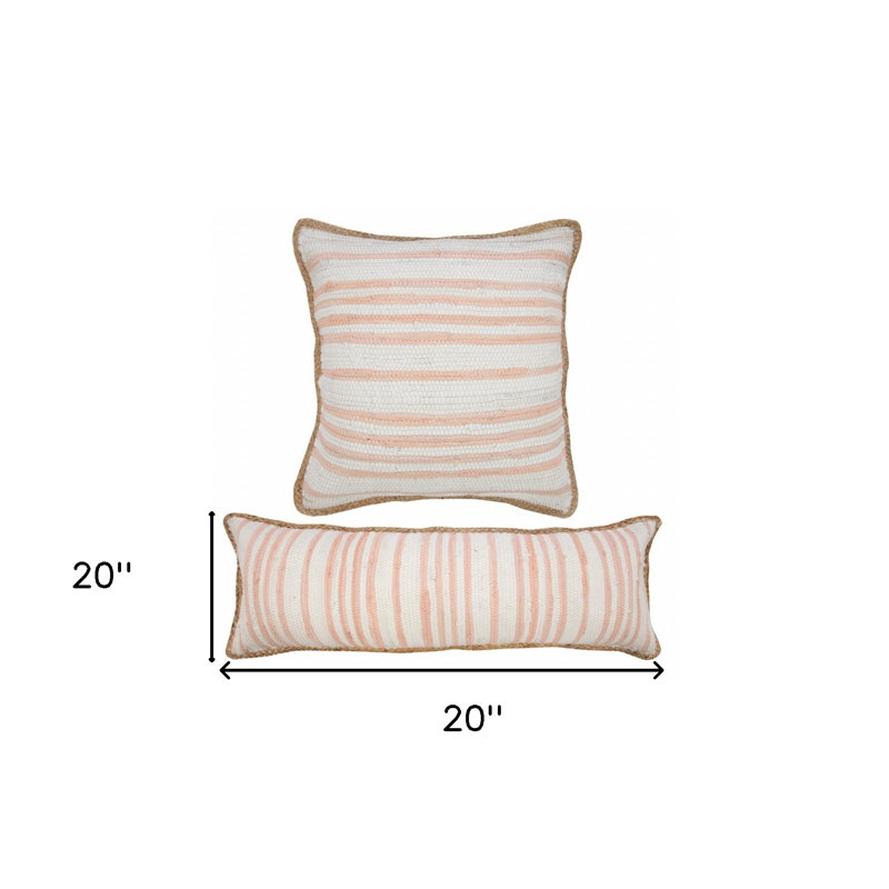 Coussin 100% coton rayé 20 po x 20 po rose et blanc