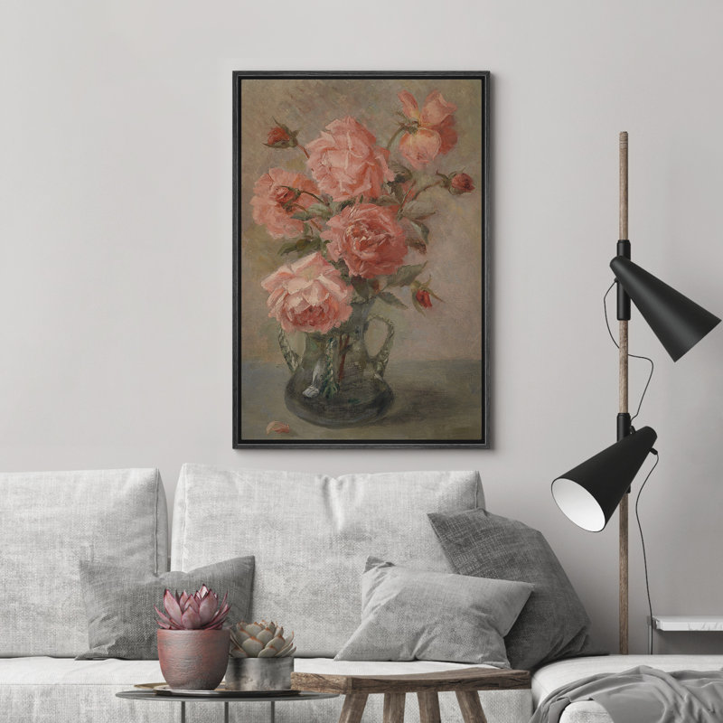 Reproduction d'art sur toile encadrée - œuvre d'art botanique florale rétro pour le décor du salon, H 24 po x l 16 po, Noir