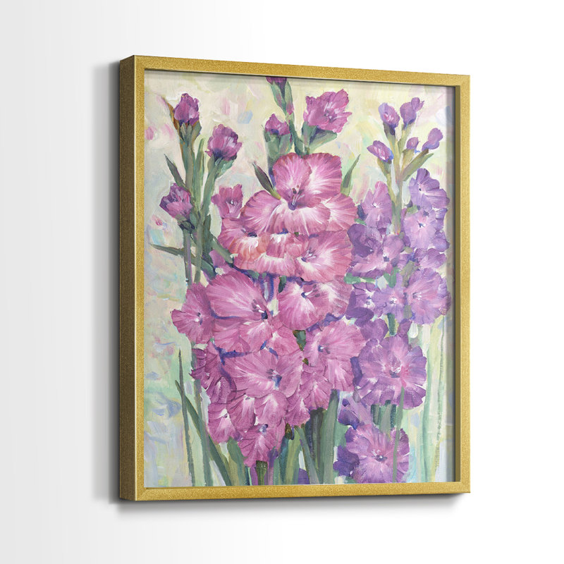 «Gladiolas Blooming I», reproduction encadrée de qualité supérieure - prête à être accrochée - aucun clou requis - aucun clou requis