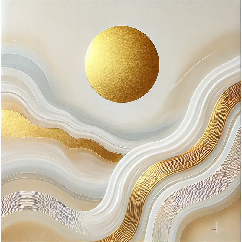 Radiant Flow - Golden Sun and Waves, art mural abstrait, H 40 po x l 40 po x P 1,5 po