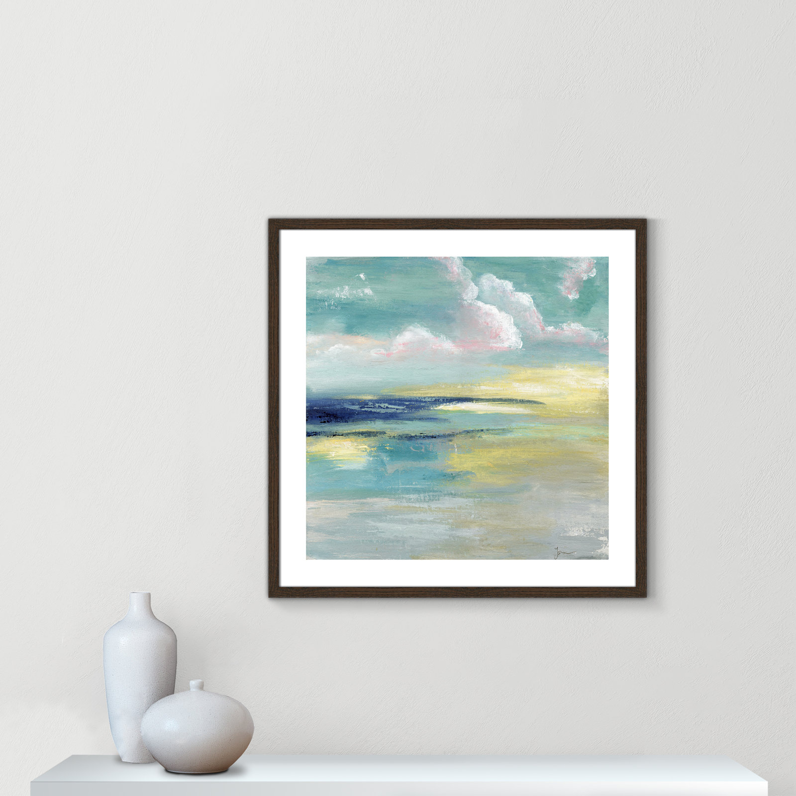 Bertie "Ocean View" Painting by Tava Studios, 28.75" H x 28.75" W x 0.75" D, Walnut Wood Framed Paper