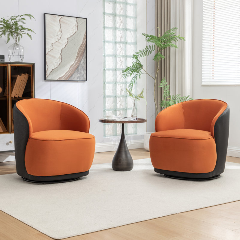 Fauteuil demi-tonneau pivotant en velours Stith, Velours noir / orange