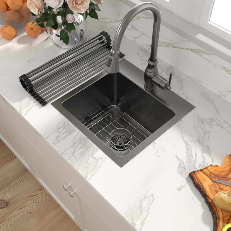 Évier de cuisine à cuve simple en acier inoxydable à cuve simple L 15 po x l 15 po, Nickel brossé