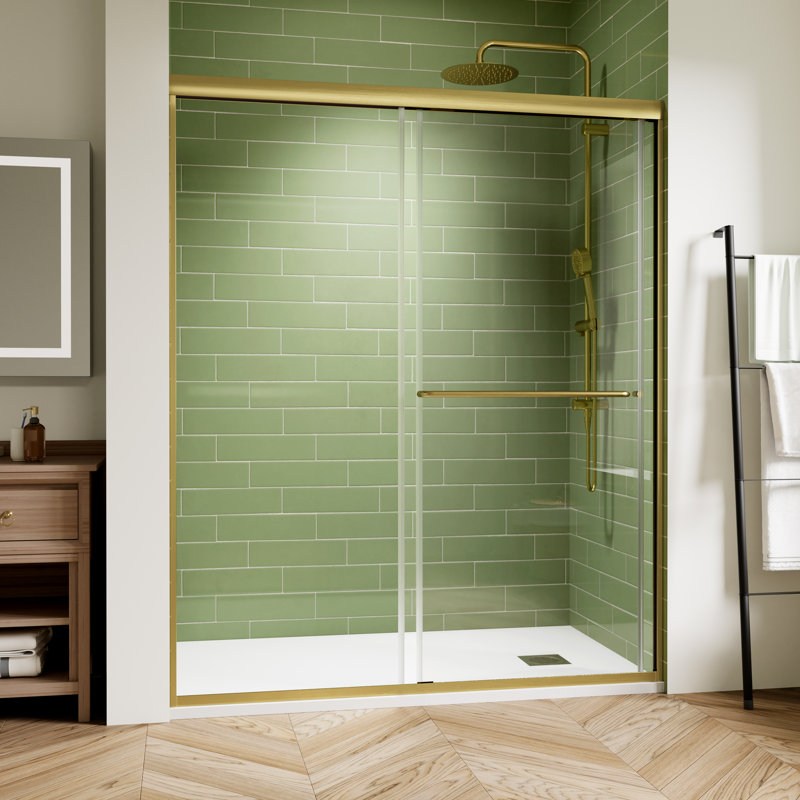 56-60 in. w x 72 in. h semi-frameless double sliding shower door with 1/4 in. tempered clear glass, Or brossé