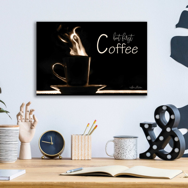 «But First Coffee» par Lori Deiter, art mural en verre acrylique, H 12 po x l 16 po x P 0,13 po