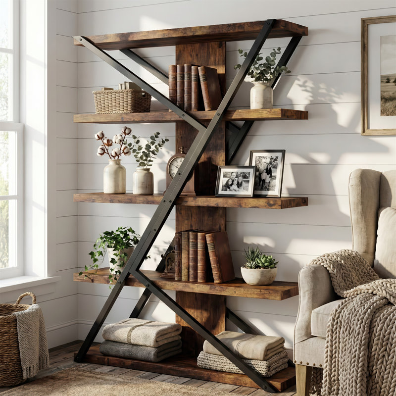 5-Tier Industrial Etagere Bookcase, Rustic Wood and Metal Freestanding Bookshelf with Geometric Frame for Home Office & Living Room