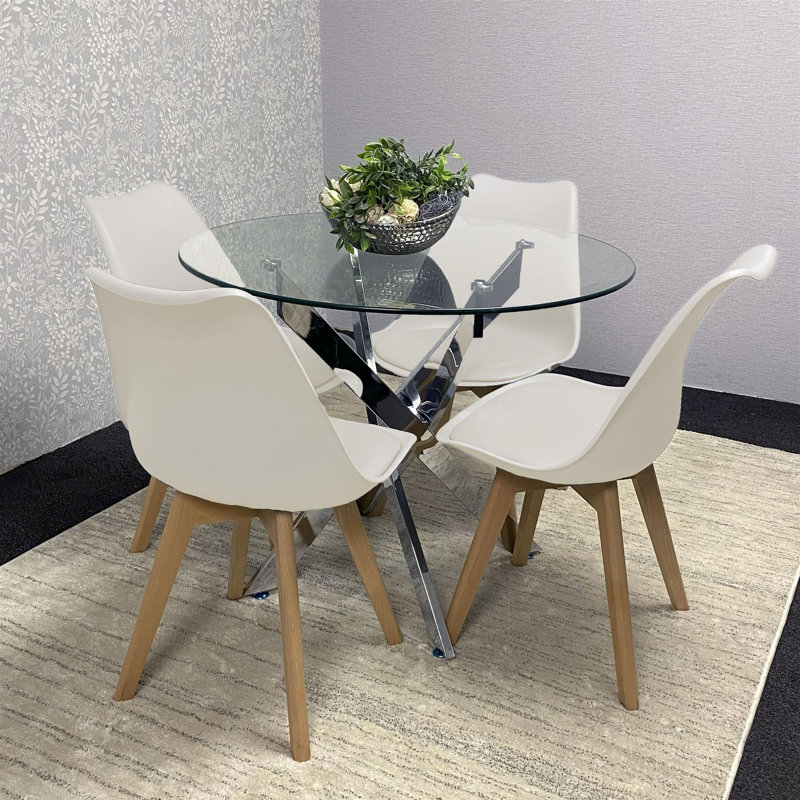 Round Glass Dining Table with Velvet Chairs - Dining Kitchen Room Furniture, Cream