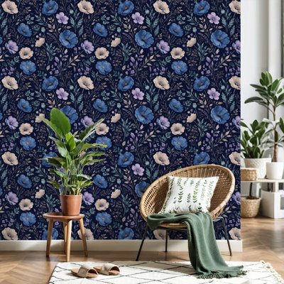 Papier peint auto-adhésif adhésif mural bleu foncé à motif de fleurs délicates à motif floral pelez et collez 24 po x 118 po