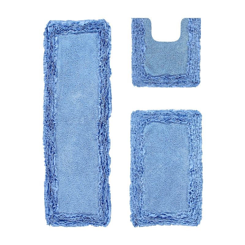 Ensemble de tapis pour salle de bain 100% coton 1775 g / m² 3 pièces Courson, certifié OEKO-TEX®, envers en latex antidérapant, motif de volants touffetés moelleux, super absorbant, tapis de salle de bain lavables à la machine, bleu