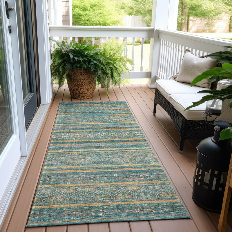 Machine Washable Indoor/Outdoor Claudian ACN1644 Teal Rug, Runner 2'3" x 7'6"